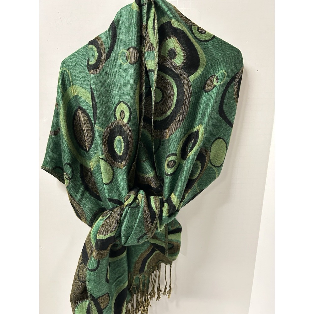 Vintage Pashmina Cashmere‎ Wool, Silk Paisley Fringe Wrap Scarf Stunning Green